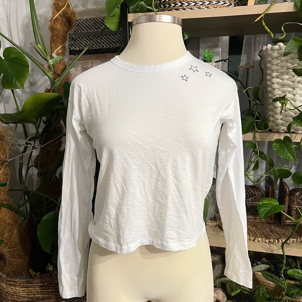 Rag & Bone Women White Star Embroidered Long Dolman Sleeve Crop Top Shirt Small